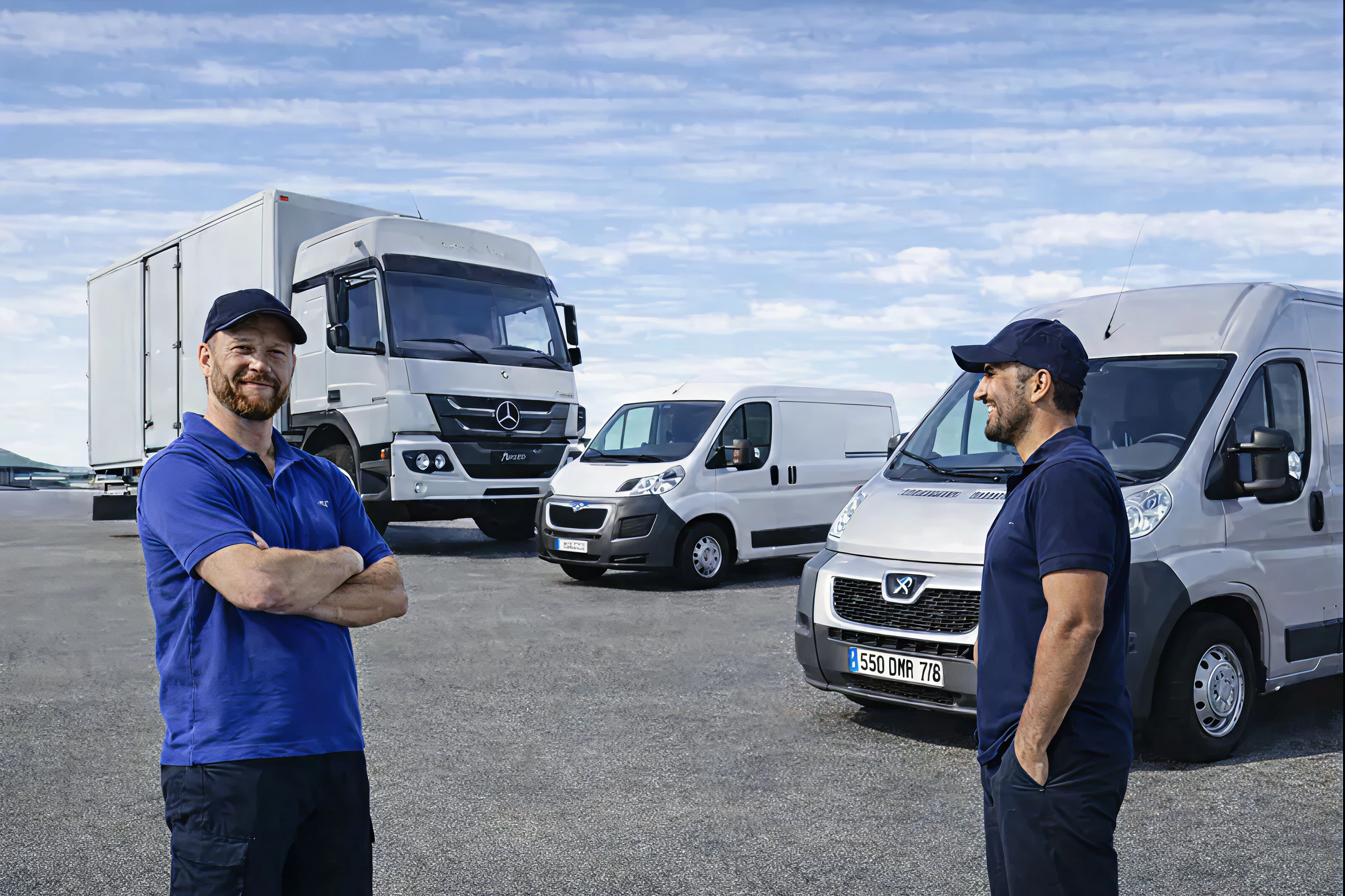 two driver mans and a truck and van behind