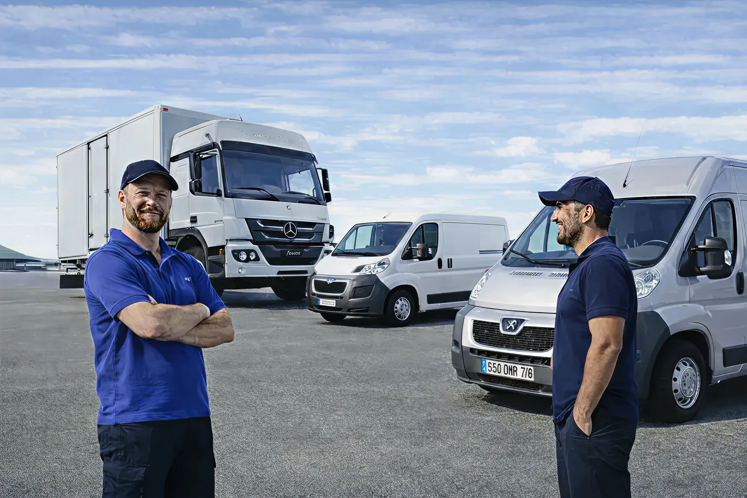 two driver mans and a truck and van behind